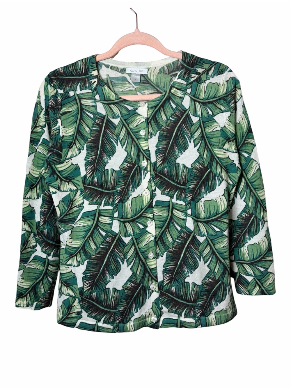 Garnet Hill Signature Eco Merino Wool Tropical Print Cardigan Size Medium